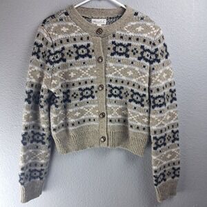 Marled Fair Isle Cardigan Sweater S Beige Button Front Knit Round Neck Boho